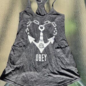 OBEY grey gray beach cover Anchor tunic top mini dress pockets gathered back